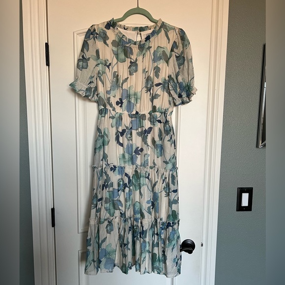 Womens Textured Floral Ruffle Neck Short Sleeve Dress - Picture 4 of 8